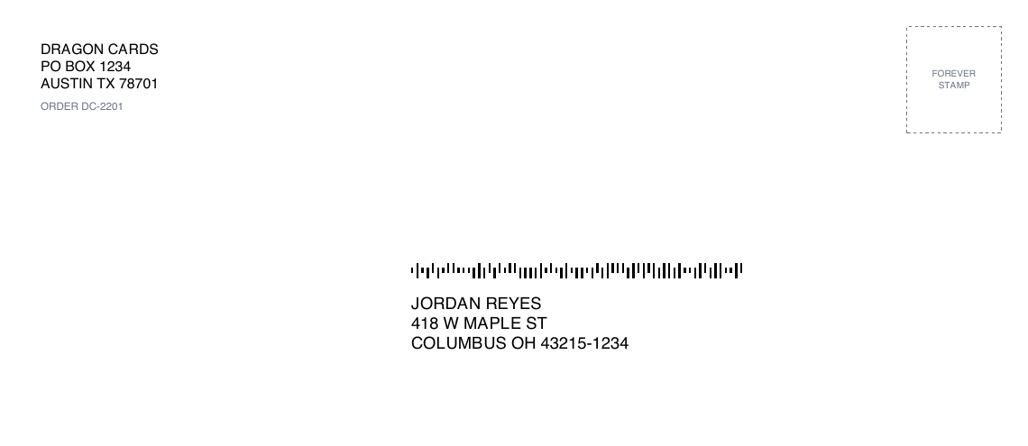 A #10 envelope printed by PigeonTrail: return address top left, a box for the Forever stamp top right, and the buyer's address with a USPS barcode above it.